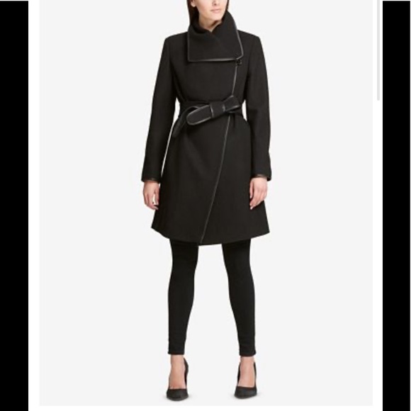Dkny Jackets & Blazers - DKNY Petite Faux-Leather-Trim Wrap Coat,black,NWT